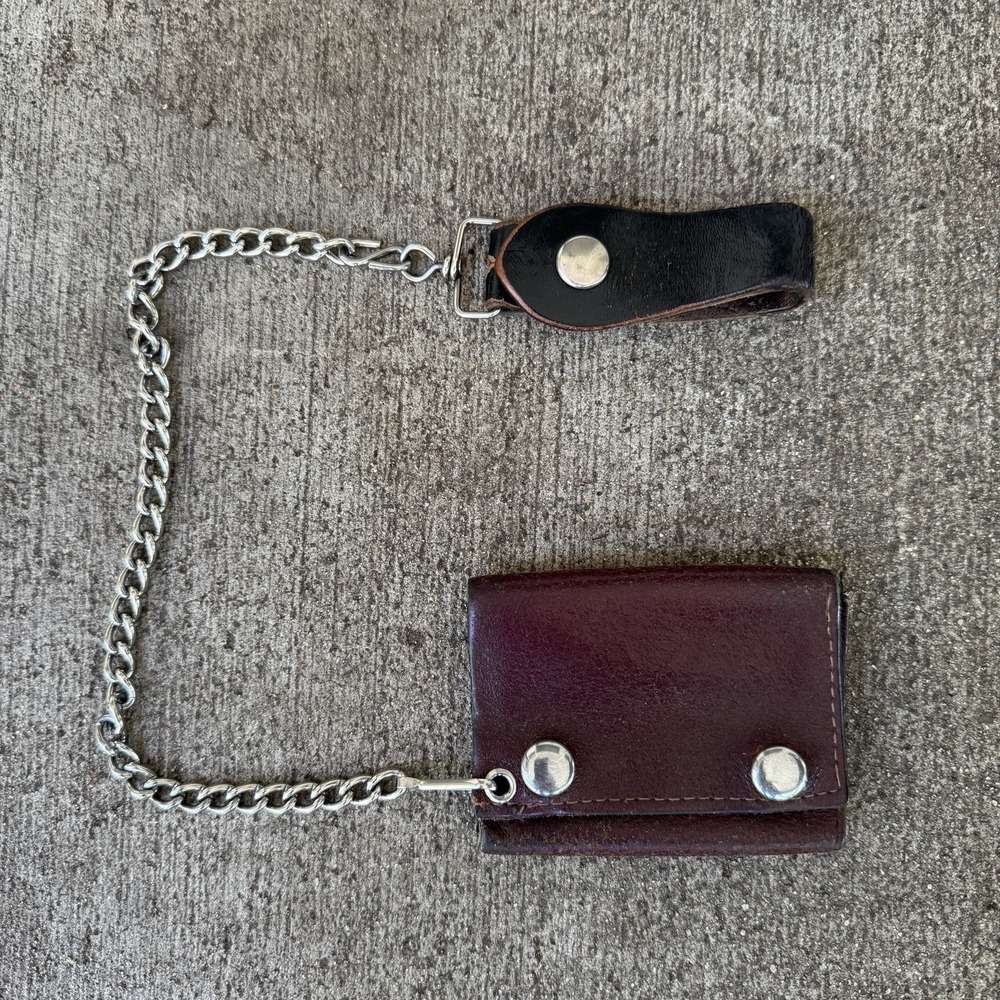 Vintage Brown Leather Chain Wallet Made in USA  Tri-Fold Snap Biker